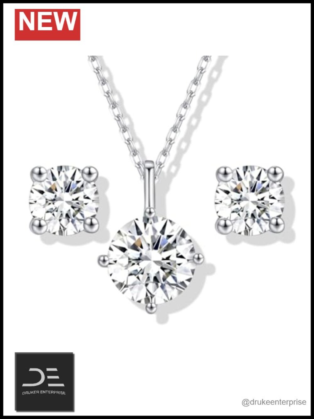 Moissanite Necklace & Earring Set, 18K White Gold Plated S925 Sterling Silver,
